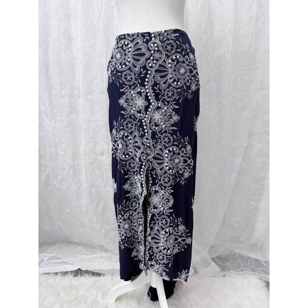 Venus Navy Blue White Floral Embroidered Pearl High Slit Maxi Skirt Size 4